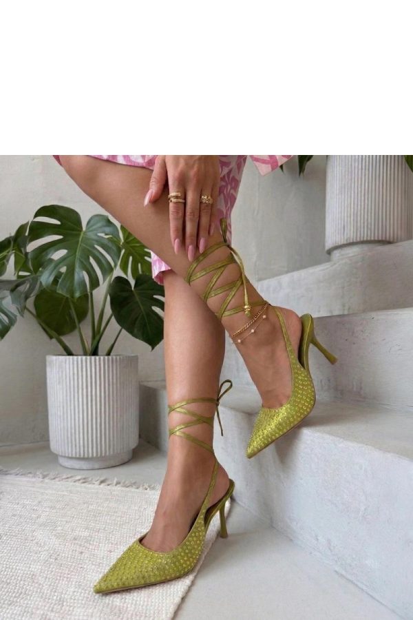 Green Strappy High Heels.Fabric, Footbed and Heel Height