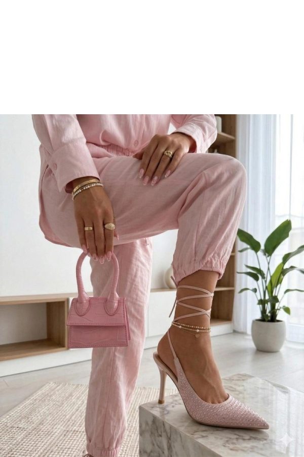 Pink Strappy High Heels.Fabric, Footbed and Heel Height
