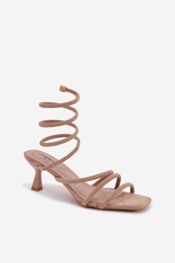 Beige Heel Sandals in Sandals & Flip-Flops For Women with Fabric, Footbed and Heel Height