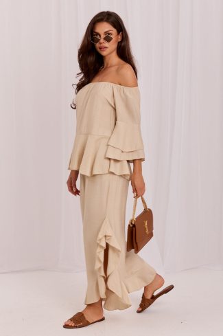 Beige Set in Pants, Trousers, Shorts with Spandex and Viscose