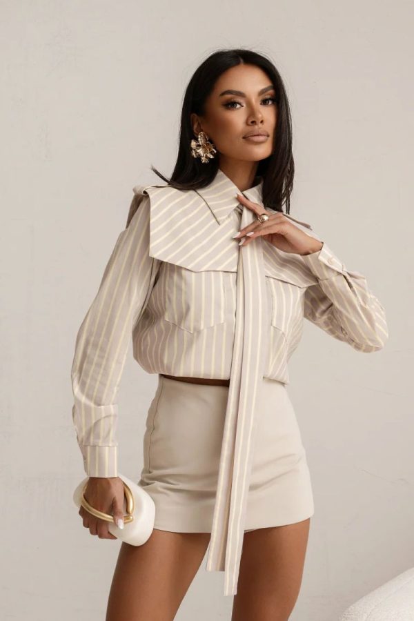 Beige Long Sleeve Shirt in Shirts For Women with Cotton and Spandex