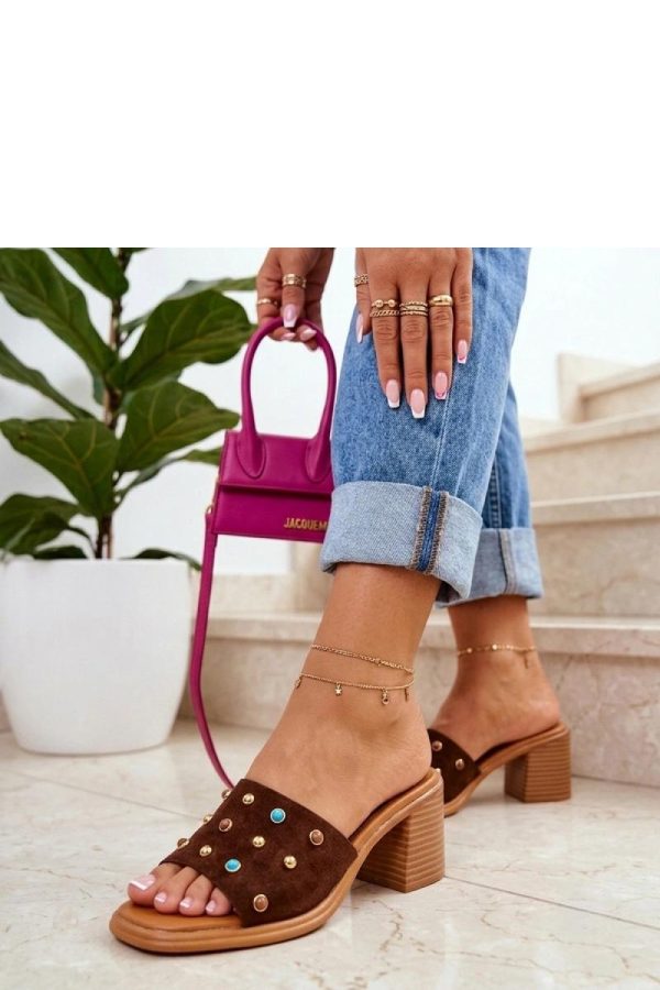 Brown Heeled Sandals.Fabric, Footbed and Heel Height