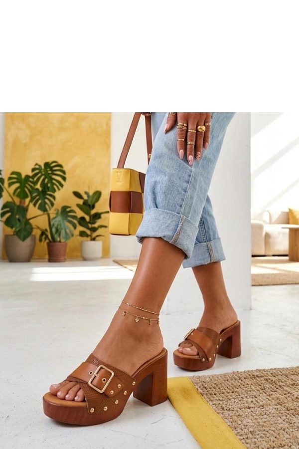 Brown Heeled Sandals.Fabric, Footbed and Heel Height