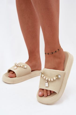 Beige Platform Sandals in Sandals & Flip-Flops For Women with Fabric, Footbed and Platform Height