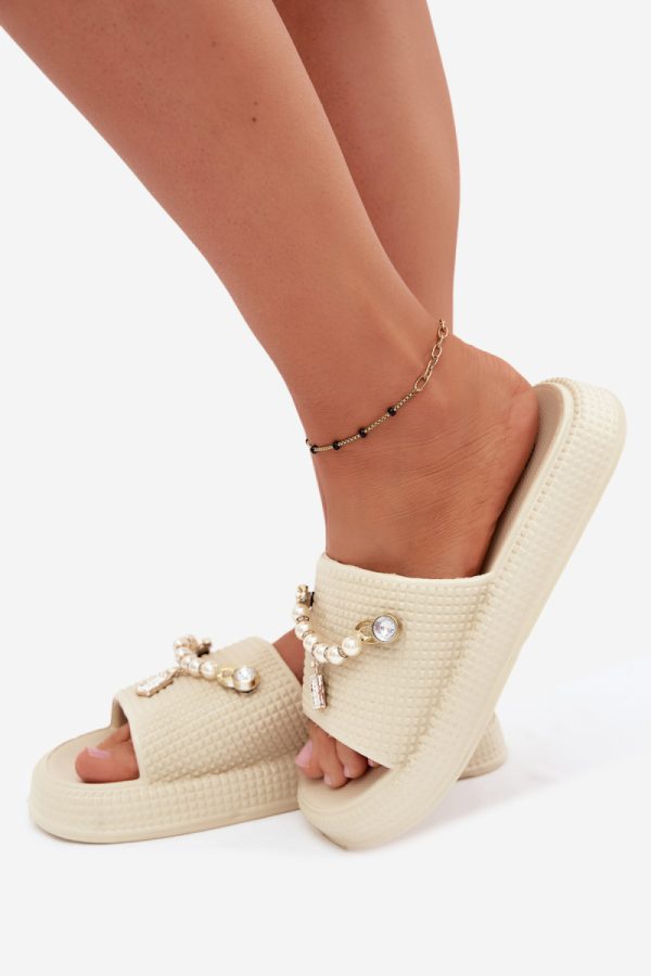 Beige Platform Sandals in Sandals & Flip-Flops For Women with Fabric, Footbed and Platform Height