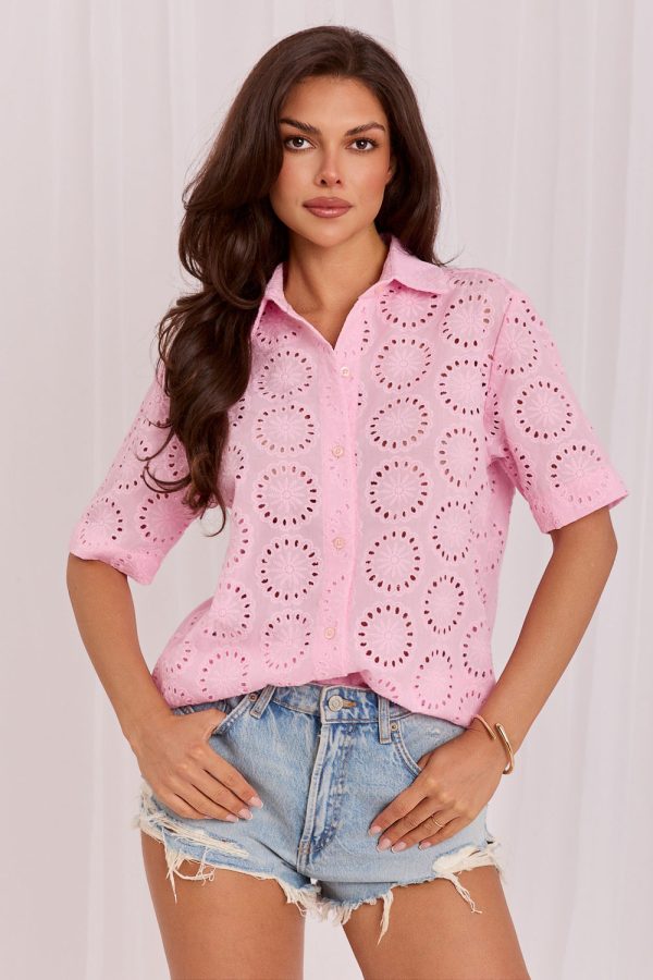 Pink Short Sleeve Shirt in Shirts For Women with Cotton