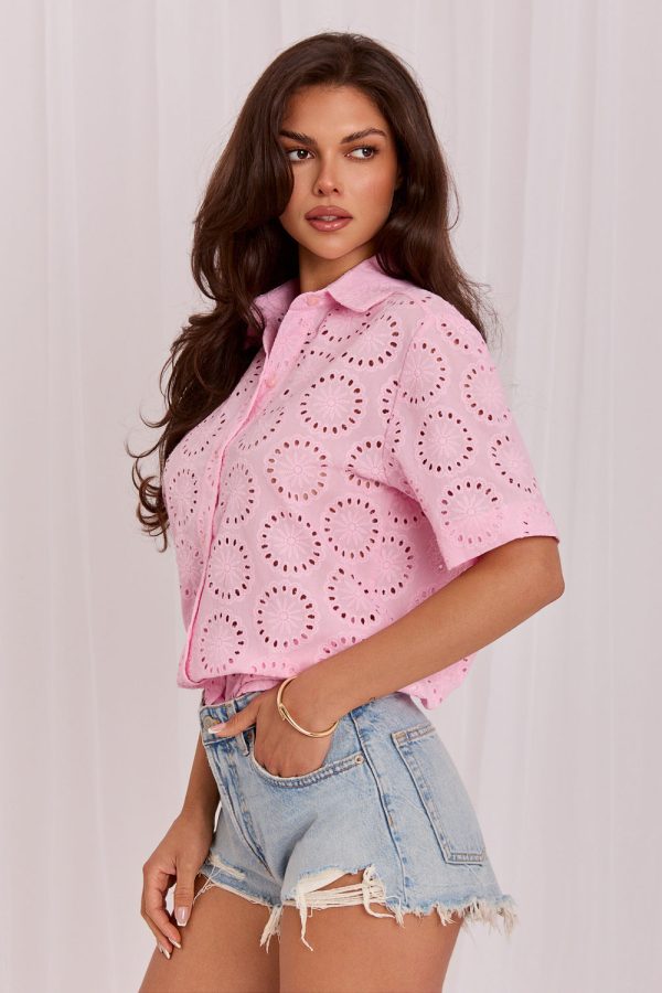 Pink Short Sleeve Shirt in Shirts For Women with Cotton