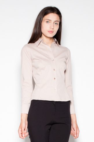 Beige Long Sleeve Shirt in Shirts For Women with Cotton, Spandex and Nylon