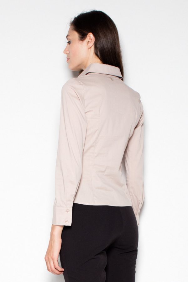 Beige Long Sleeve Shirt in Shirts For Women with Cotton, Spandex and Nylon
