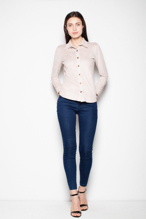 Beige Long Sleeve Shirt in Shirts For Women with Spandex and Polyester