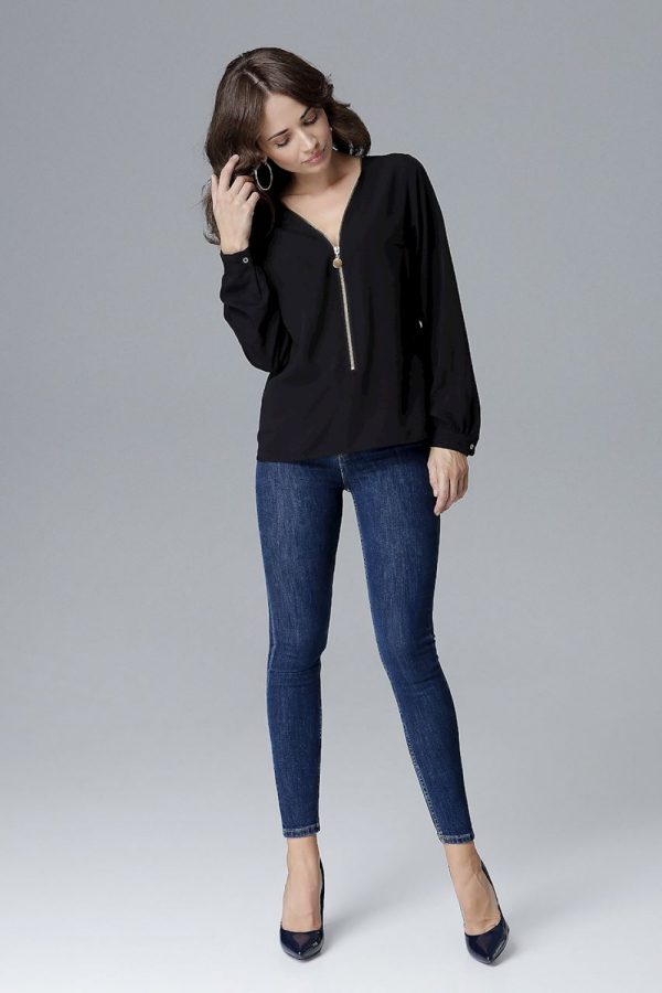 Black Blouse in Women`s Blouses, Tunics with Lycra, Polyester and Viscose