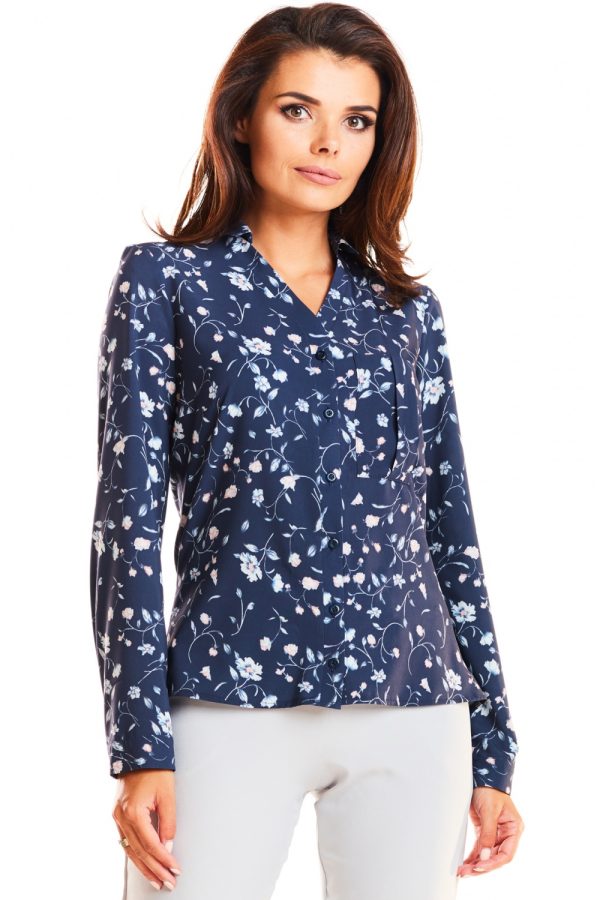 Navy Blue Long Sleeve Shirt in Shirts For Women with Spandex and Polyester