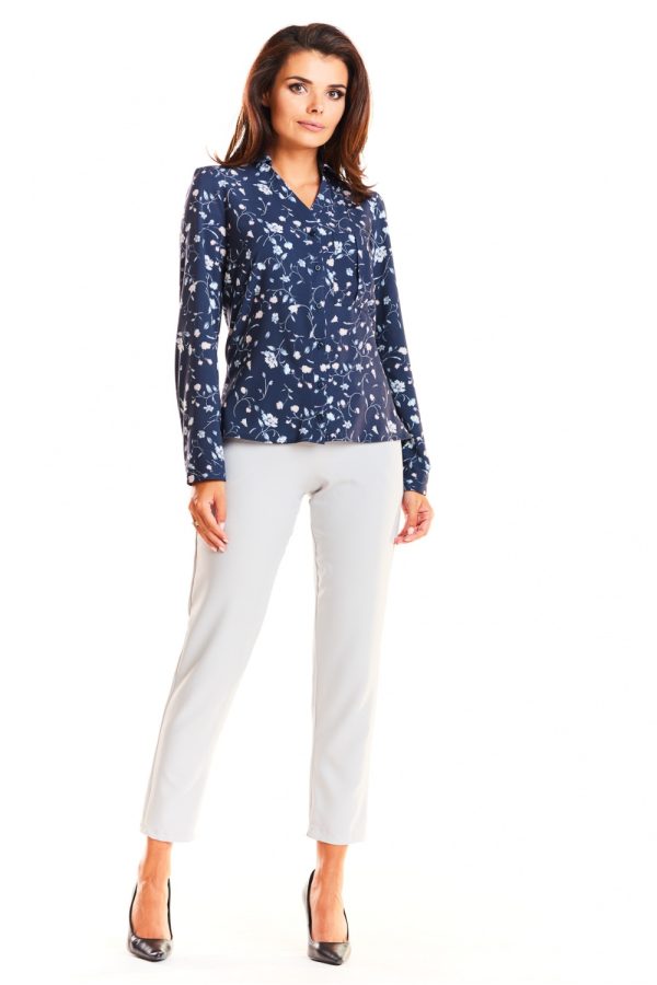 Navy Blue Long Sleeve Shirt in Shirts For Women with Spandex and Polyester