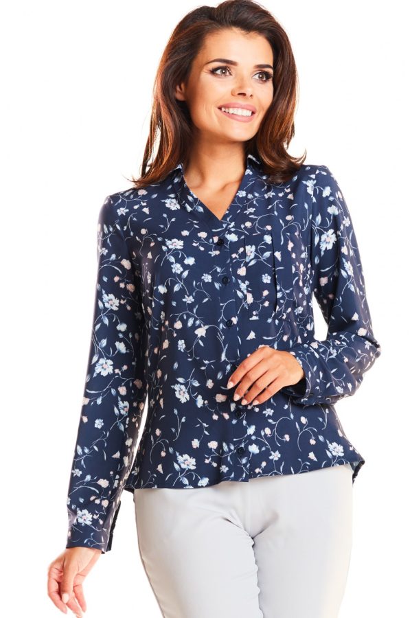 Navy Blue Long Sleeve Shirt in Shirts For Women with Spandex and Polyester