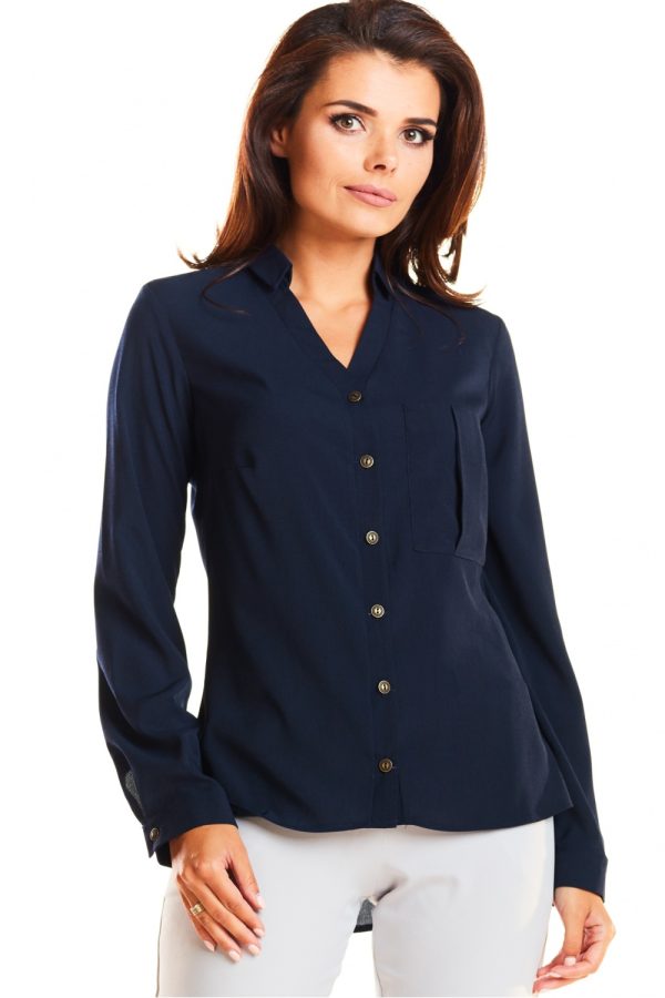 Navy Blue Long Sleeve Shirt in Shirts For Women with Spandex and Polyester