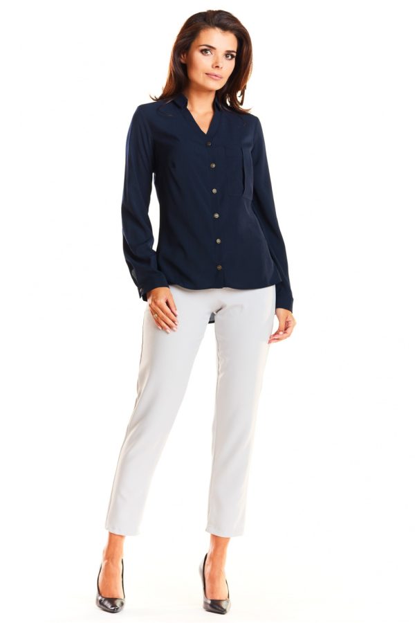 Navy Blue Long Sleeve Shirt in Shirts For Women with Spandex and Polyester