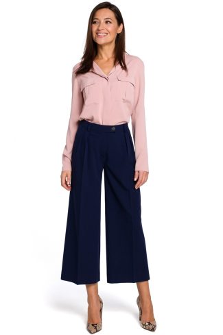 Navy Blue Women Trousers in Pants, Trousers, Shorts with Spandex, Polyester and Viscose