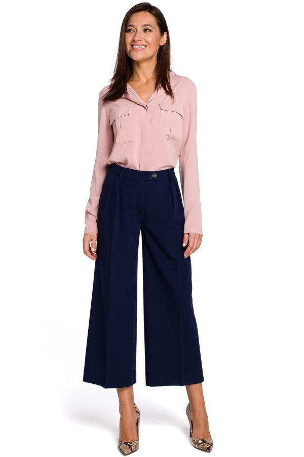 Navy Blue Women Trousers in Pants, Trousers, Shorts with Spandex, Polyester and Viscose