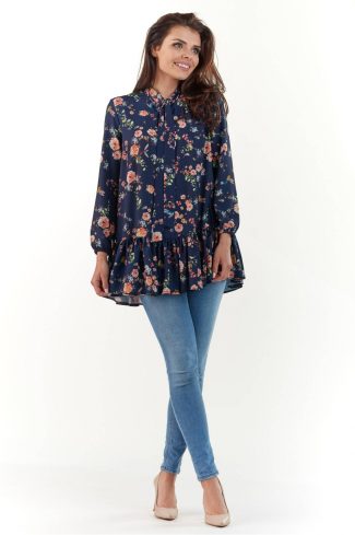Navy Blue Blouse in Women`s Blouses, Tunics with Spandex and Polyester