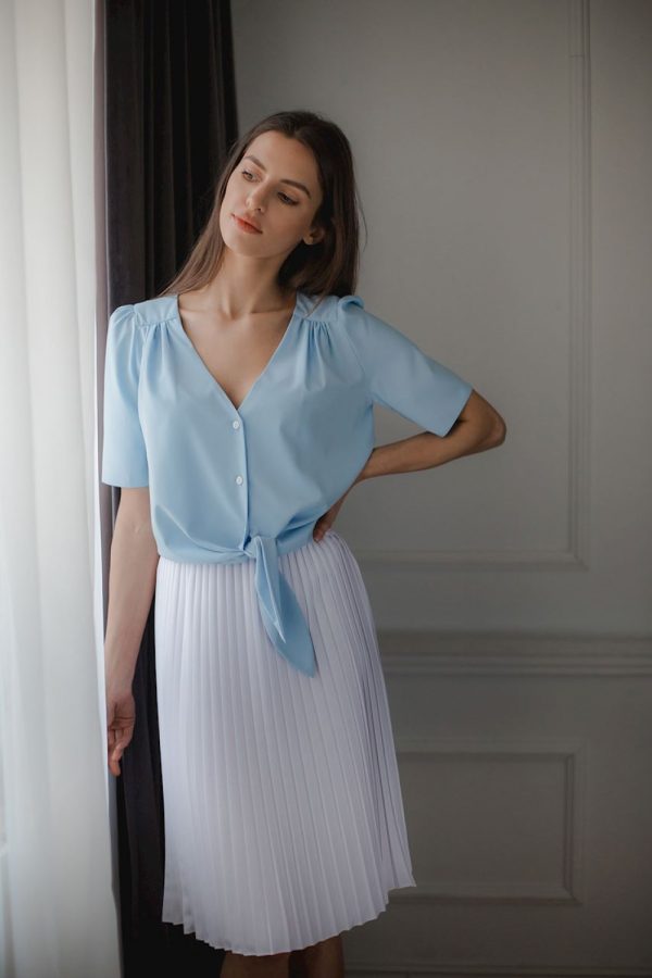 Blue Short Sleeve Shirt in Shirts For Women with Spandex and Polyester