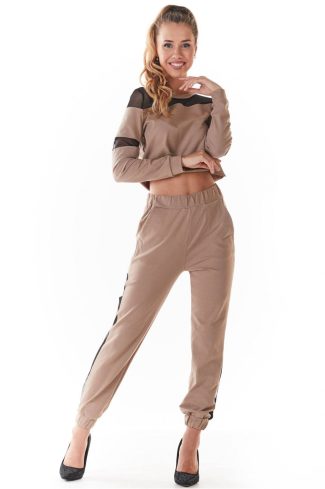Beige Tracksuit Trousers in Women`s Tracksuit Bottoms, Sports Pants with Cotton and Lycra