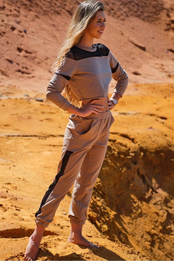 Beige Tracksuit Trousers in Women`s Tracksuit Bottoms, Sports Pants with Cotton and Lycra
