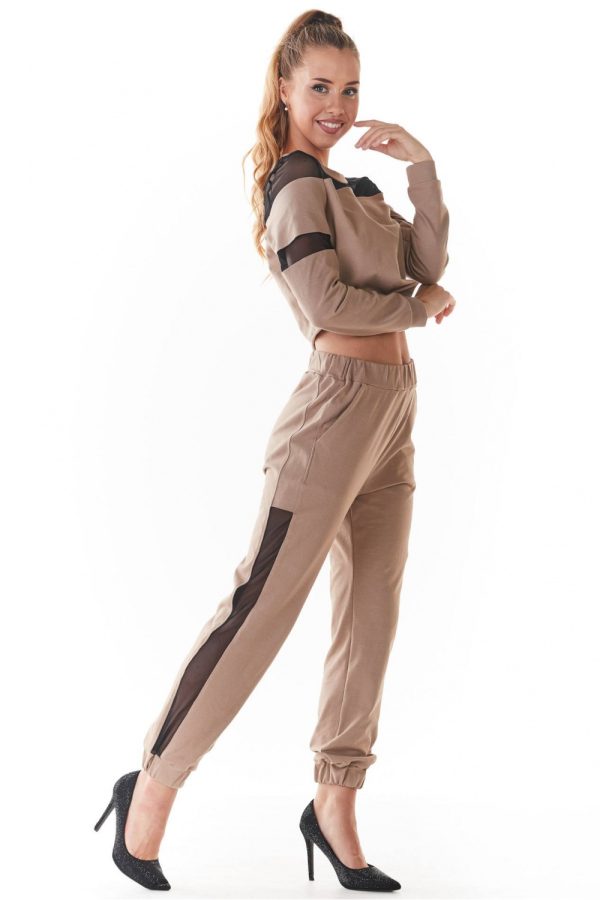 Beige Tracksuit Trousers in Women`s Tracksuit Bottoms, Sports Pants with Cotton and Lycra