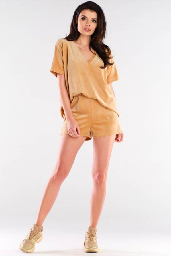 Beige Shorts in Shorts For Women, Crop Pants with Polyester and Spandex