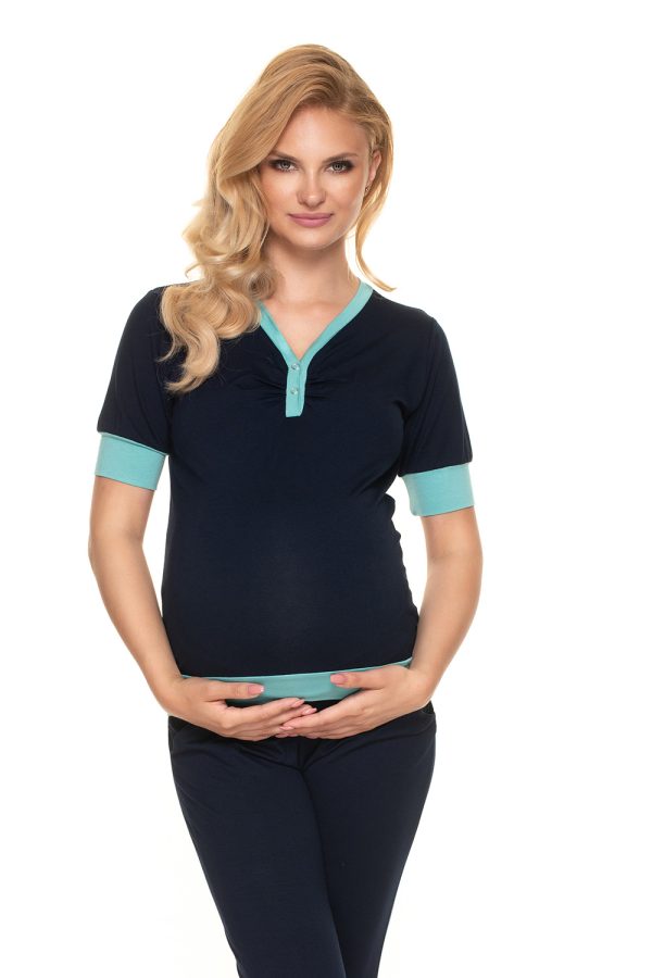 Navy Blue Pregnancy Pajamas in Maternity Nightwear with Spandex and Viscose