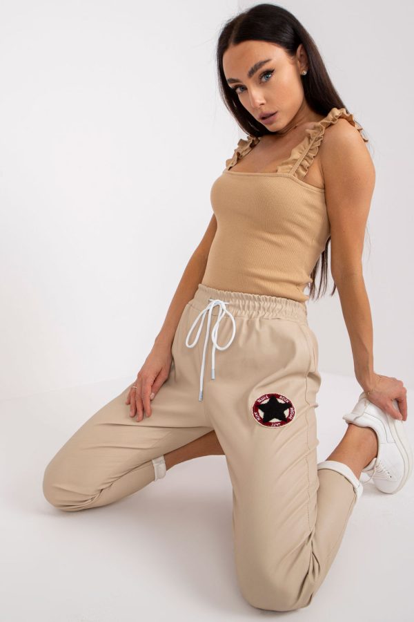 Beige Women Trousers in Pants, Trousers, Shorts with Polyurethane and Viscose