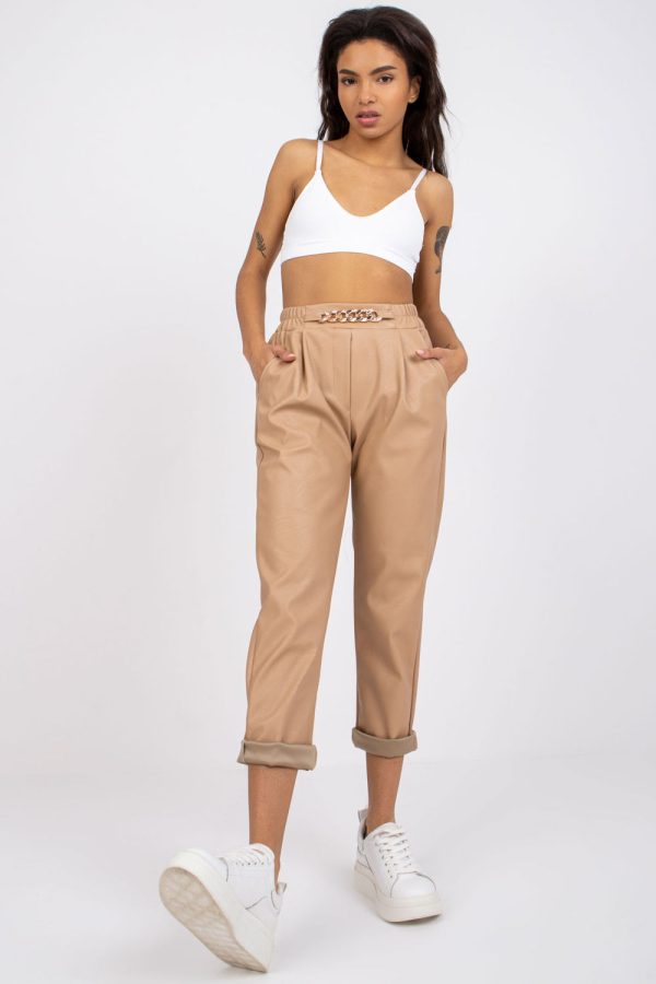Beige Women Trousers in Pants, Trousers, Shorts with Polyurethane and Viscose