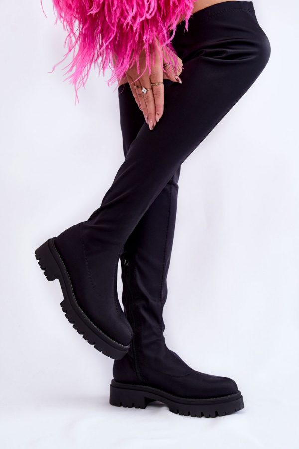 Black Thigh-Hight Boots in Over The Knee High Boots, Thigh High Boots with Fabric, Warmers, Footbed, Upper Height, Heel Height and Platform Height