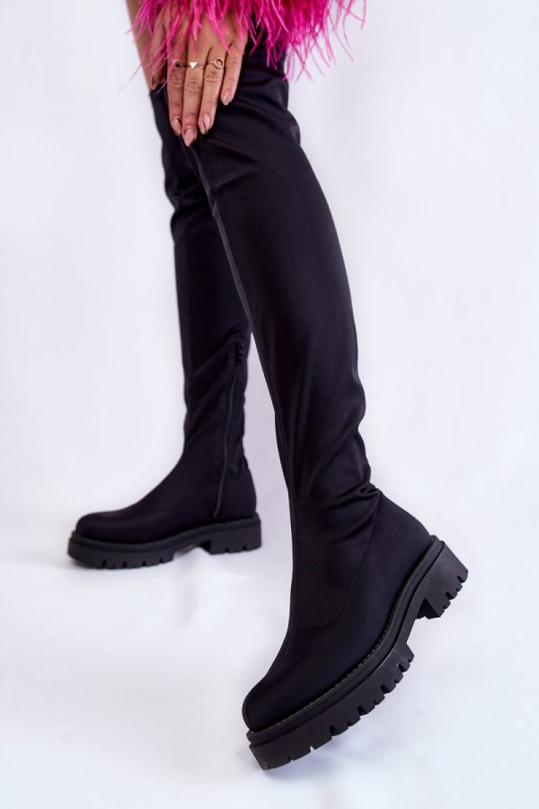Black Thigh-Hight Boots in Over The Knee High Boots, Thigh High Boots with Fabric, Warmers, Footbed, Upper Height, Heel Height and Platform Height