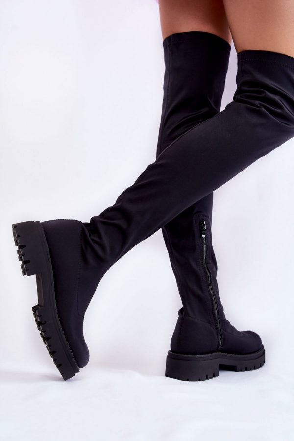 Black Thigh-Hight Boots in Over The Knee High Boots, Thigh High Boots with Fabric, Warmers, Footbed, Upper Height, Heel Height and Platform Height