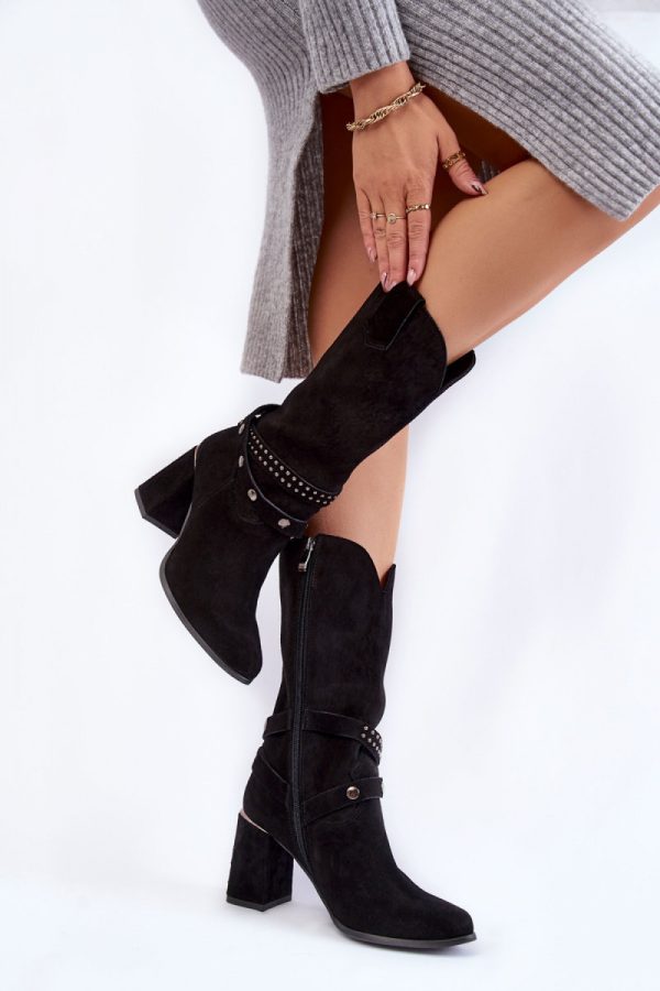 Black Heel Boots in Over The Knee High Boots, Thigh High Boots with Fabric, Warmers, Footbed, Upper Height and Heel Height