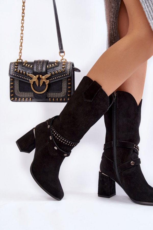 Black Heel Boots in Over The Knee High Boots, Thigh High Boots with Fabric, Warmers, Footbed, Upper Height and Heel Height