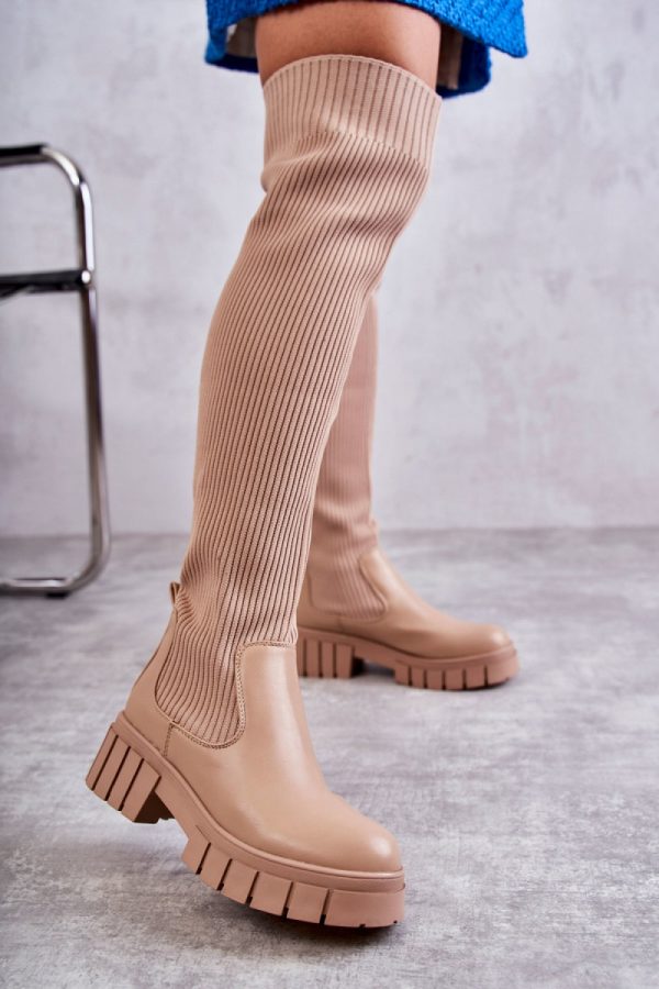 Beige Thigh-Hight Boots in Over The Knee High Boots, Thigh High Boots with Fabric, Warmers, Footbed, Upper Height, Heel Height and Platform Height