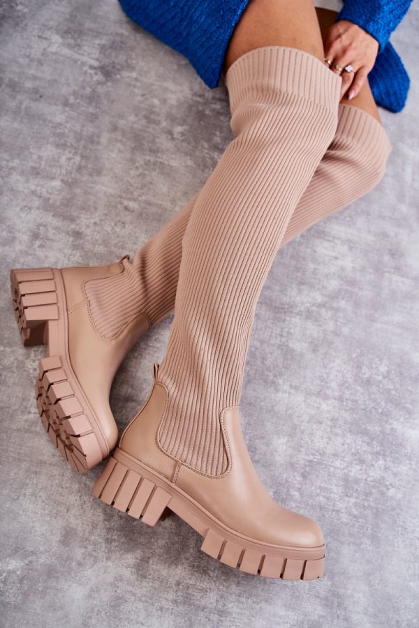 Beige Thigh-Hight Boots in Over The Knee High Boots, Thigh High Boots with Fabric, Warmers, Footbed, Upper Height, Heel Height and Platform Height