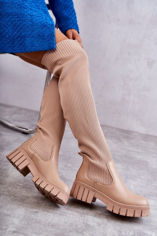 Beige Thigh-Hight Boots in Over The Knee High Boots, Thigh High Boots with Fabric, Warmers, Footbed, Upper Height, Heel Height and Platform Height