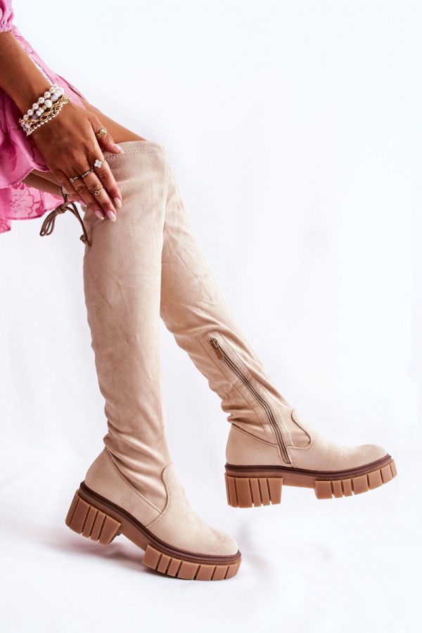 Beige Thigh-Hight Boots in Over The Knee High Boots, Thigh High Boots with Fabric, Warmers, Footbed, Upper Height, Heel Height and Platform Height