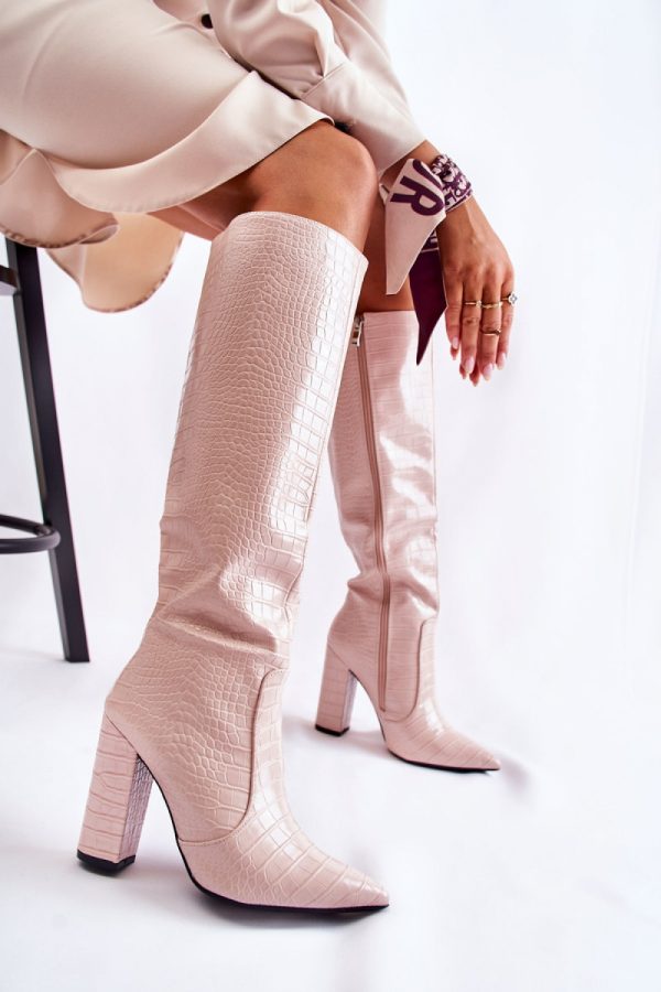 Beige Heel Boots in Over The Knee High Boots, Thigh High Boots with Fabric, Warmers, Footbed, Upper Height and Heel Height