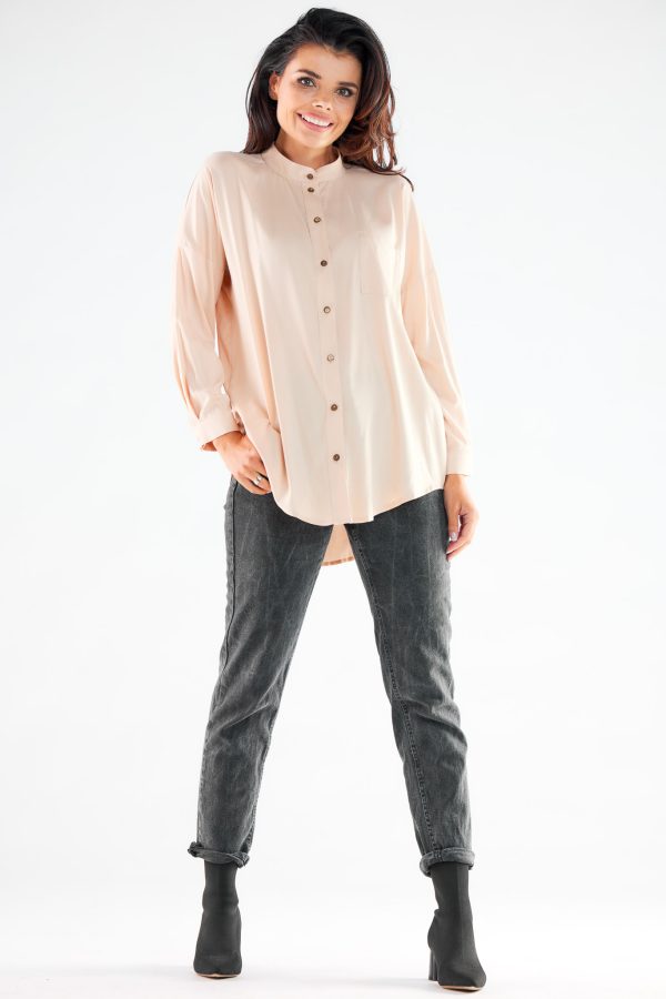 Beige Long Sleeve Shirt in Shirts For Women with Spandex and Viscose