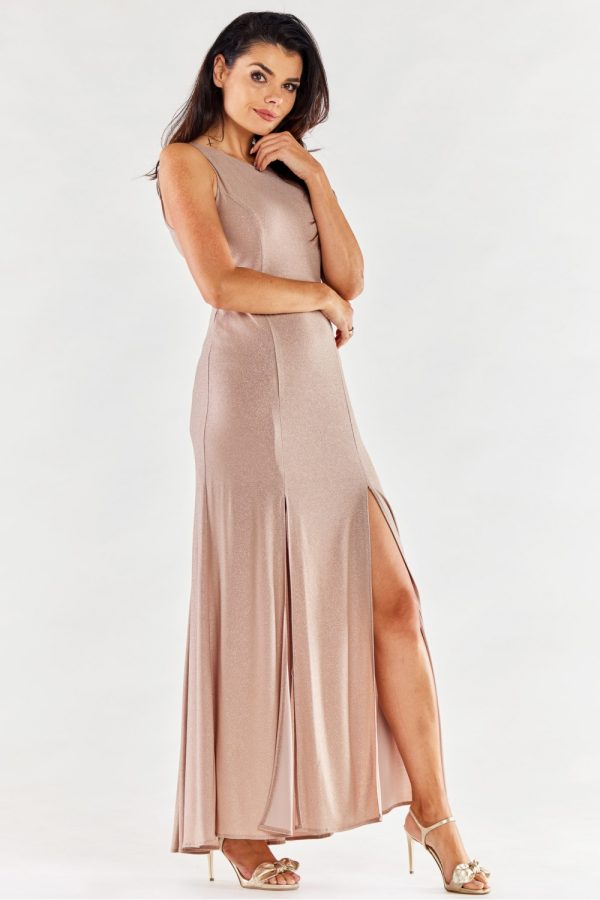 Beige Long Dress in Evening Dresses with Spandex and Polyester