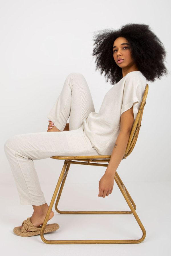 Beige Set in Pants, Trousers, Shorts with Cotton, Len and Viscose