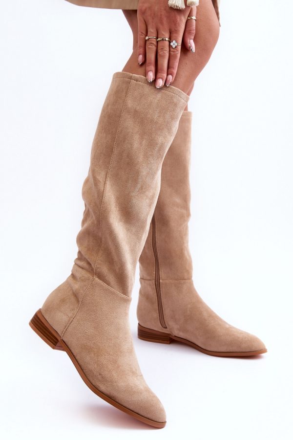 Beige Thigh-Hight Boots in Over The Knee High Boots, Thigh High Boots with Fabric, Footbed, Upper Height and Heel Height