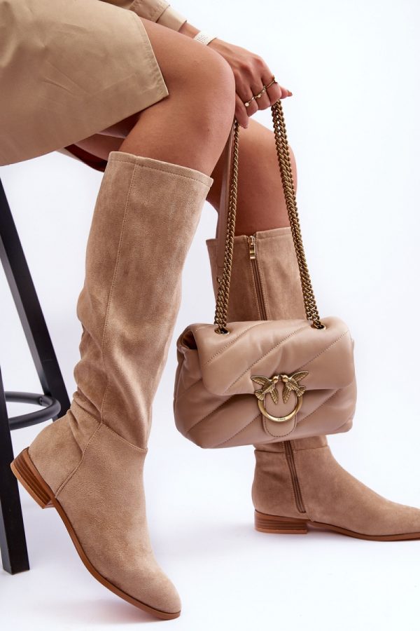 Beige Thigh-Hight Boots in Over The Knee High Boots, Thigh High Boots with Fabric, Footbed, Upper Height and Heel Height