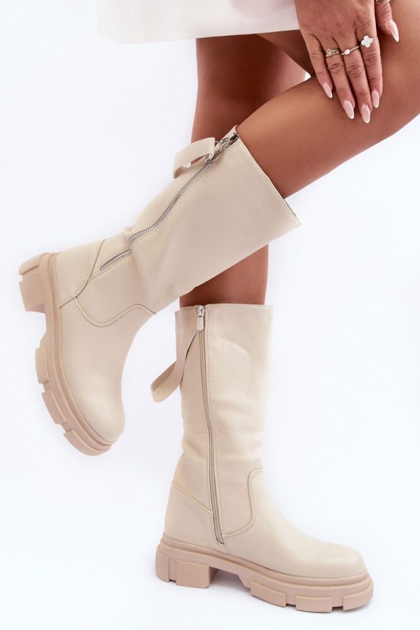 Beige Thigh-Hight Boots in Over The Knee High Boots, Thigh High Boots with Fabric, Warmers, Footbed, Upper Height, Heel Height and Platform Height