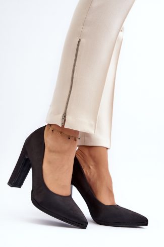 Black Block Heel Pumps in High Heel Pumps with Fabric, Footbed and Heel Height