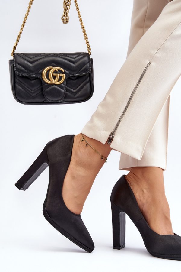 Black Block Heel Pumps in High Heel Pumps with Fabric, Footbed and Heel Height