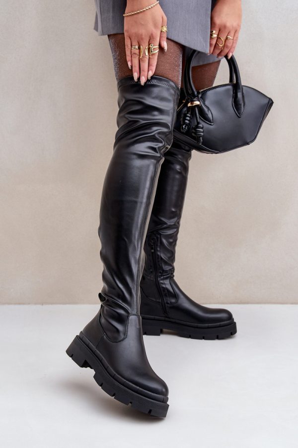Black Heel Boots in Over The Knee High Boots, Thigh High Boots with Fabric, Warmers, Footbed, Upper Height, Heel Height and Platform Height